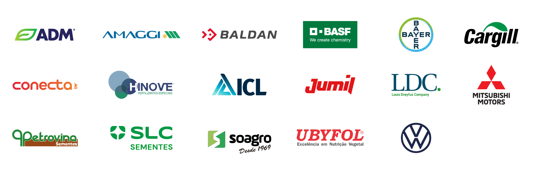 Logos das empresas parceiras da Grão Direto: ADM, LDC, CARGILL, AMAGGI e diversas outras.